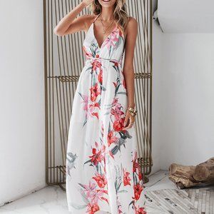 New Floral Print Backless Wrap Split Slip Dress